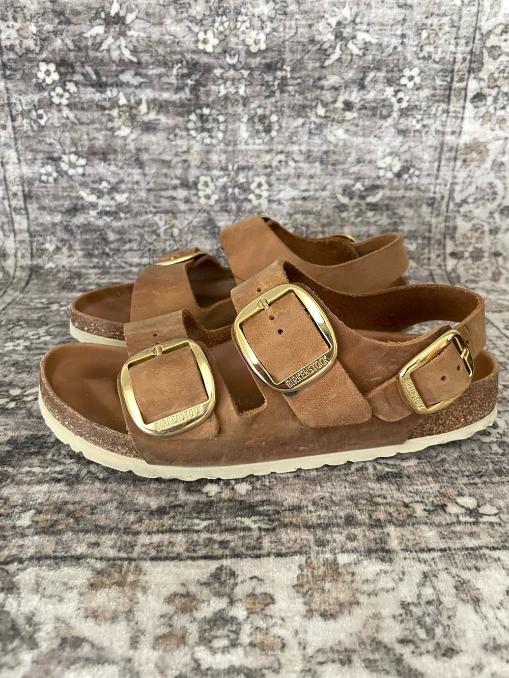 Birkenstock Big Buckle Milano Cognac Brown Oiled Leather Size 38 Gold Buckles - Picture 4 of 12